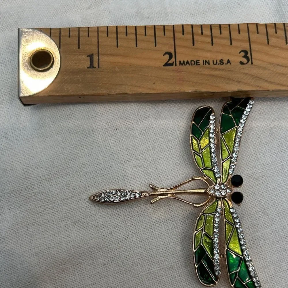 Green and Gold enamel and crystals Dragonfly Brooch
